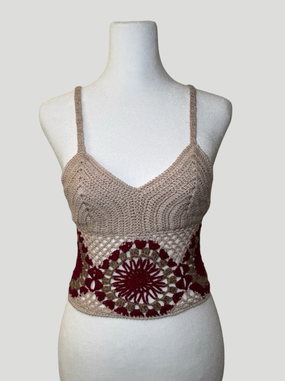 Boho Full Tilt Beige & Burgundy Crochet V-Neck Cami Crop Top w/ Lace Up Back